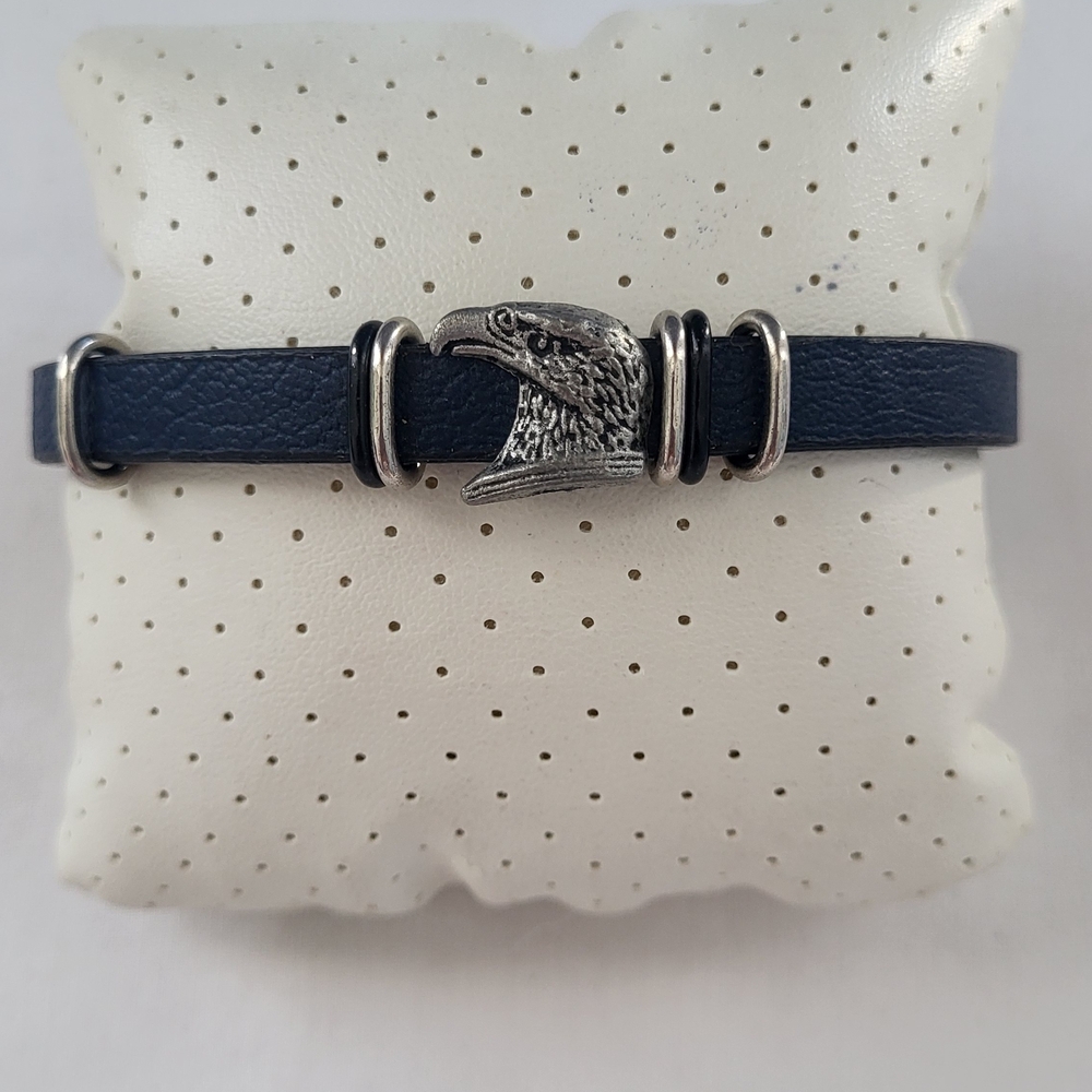Men's Navy Leather Bracelet with Eagle Head Accent